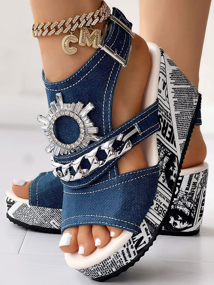 Denim Wedge Sandals - ECHOINE