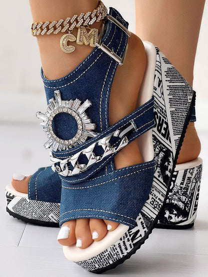 Denim Wedge Sandals - ECHOINE