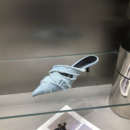 Dámské špičaté džínové boty Elegantní boty na středním podpatku